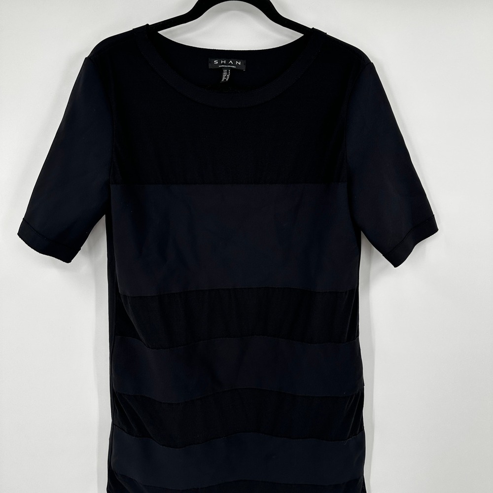 SHAN Black Sheer Stripe Short Sleeve Shift‎ Mini Dress Made in Canada Size 8 - Picture 3 of 10